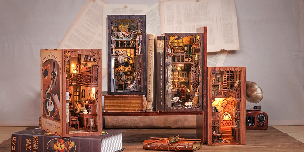 Cutebee DIY Book Nook Kit 3D Wooden Dollhouse Bookshelf Insert Decor Alley Miniature House with Dustproof LED Light Booknook