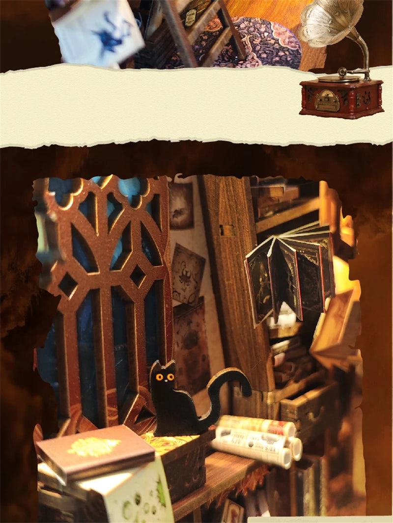 DIY Wooden Book Nook Shelf Insert Kit Miniature Building Kits Magic Night Alley Bookshelf with LED Lights Bookends Friends Gifts