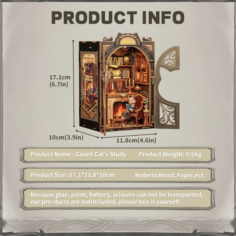 CUTEBEE Booknook Kit DIY Doll House with LED Light Bookshelf Insert Birthday Party Gifts For Count Cat Study