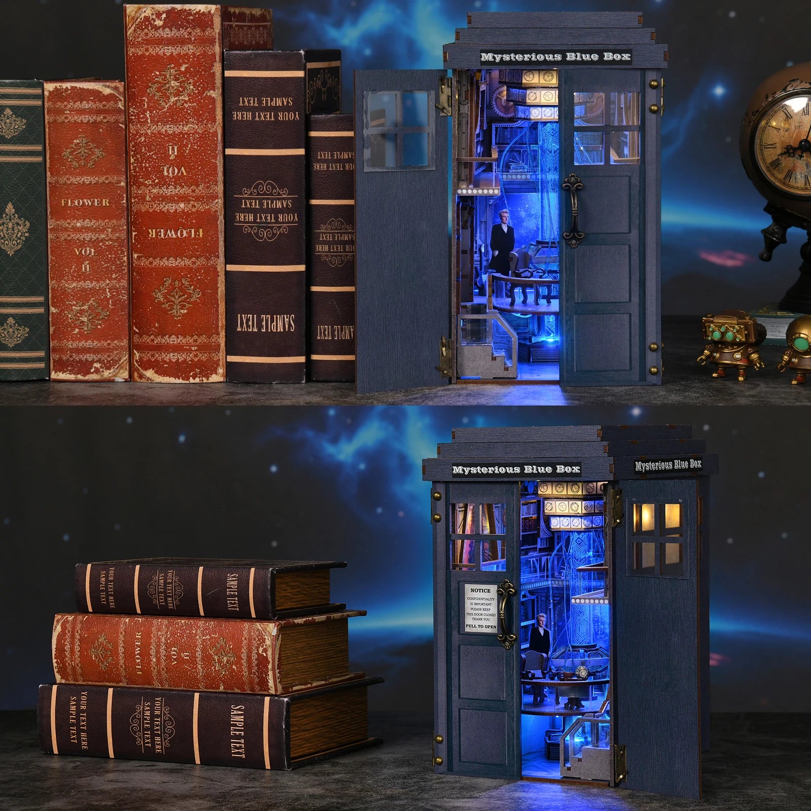 Book Nook Kit Blue Telephone Booth 3D DIY Wooden Puzzle Handmade Bookshelf Dollhouse Model Bookend Building Home Decoration
