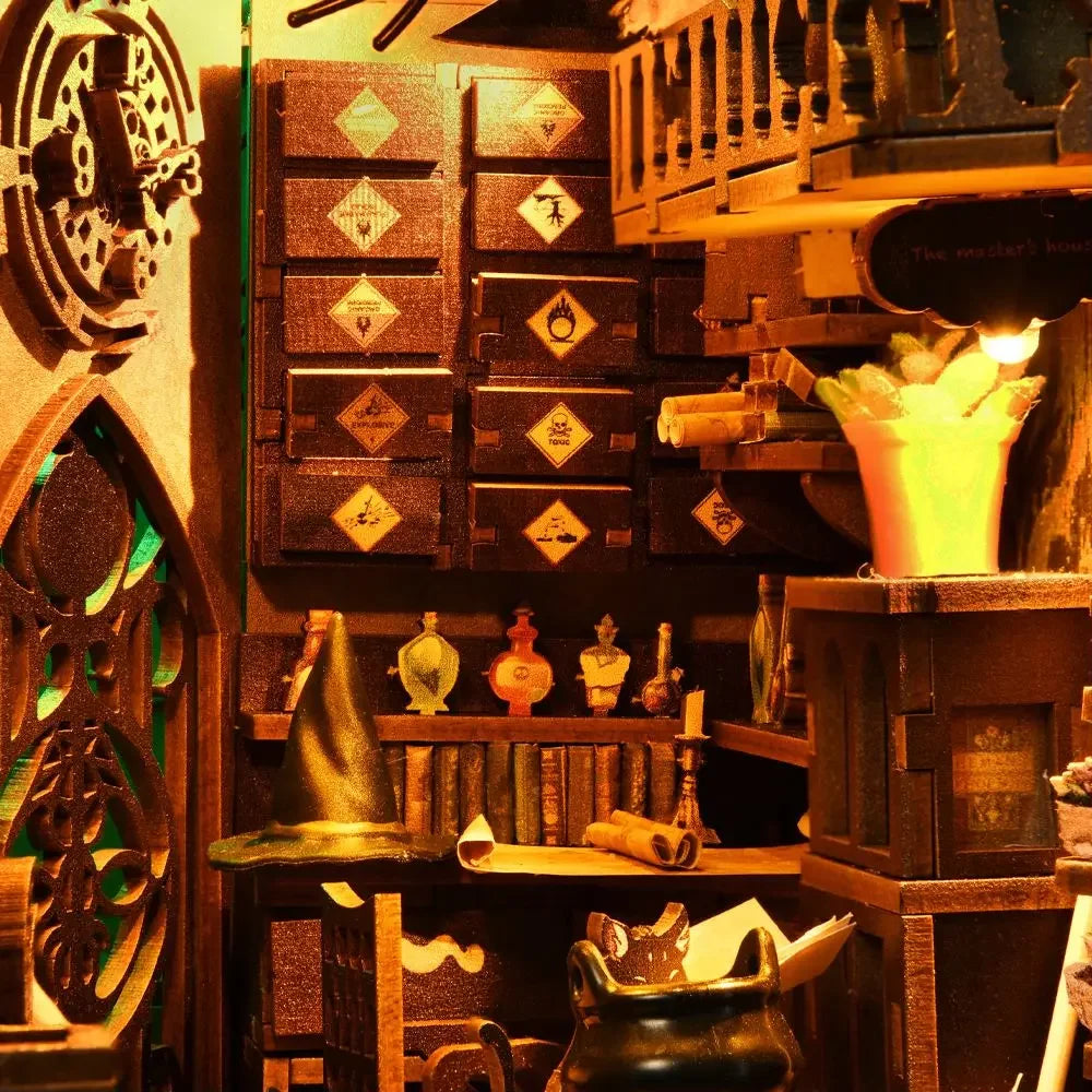 Book Nook Kit,DIY Miniature Dollhouse Booknook Kit,3D Wooden Puzzle Bookend Bookshelf Insert Decor LED Light for Teens Adults