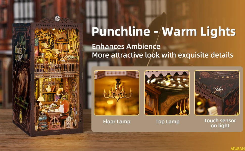 DIY Book Nook Kit, DIY Dollhouse Booknook Bookshelf Insert Decor Alley Book Nook Kits for Adults,Bookends Model - Wander Library