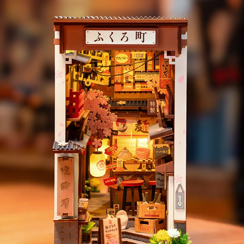 Original Rolife Sakura Wine Alley Japanese Style Design Book Nooks Kit for Family Home Bookshelf Decoration 3D DIY Wooden Puzzle