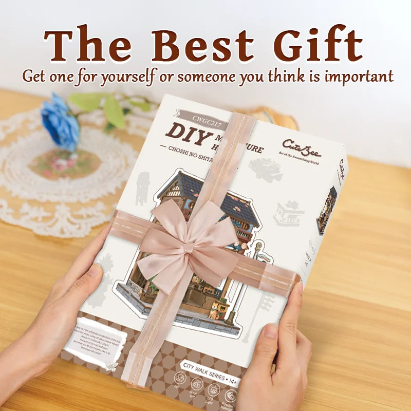 CUTEBEE DIY Book Nook Kit Miniature Dollhouse with Light Wooden Bookshelf Insert Retro Booknook Christmas Birthday Party Gift