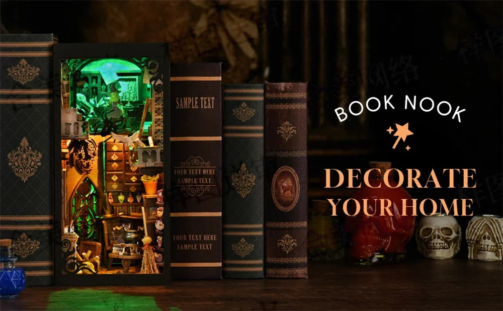 Book Nook Kit,DIY Miniature Dollhouse Booknook Kit,3D Wooden Puzzle Bookend Bookshelf Insert Decor LED Light for Teens Adults