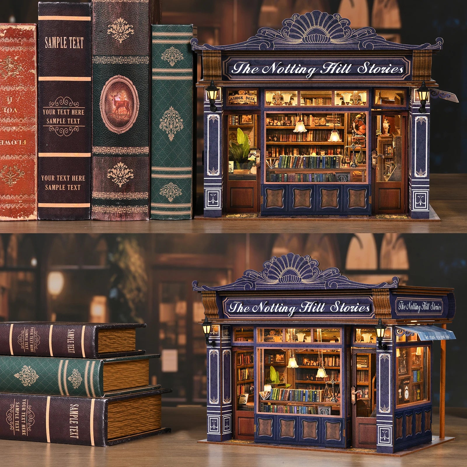 DIY Book Nook Kit Notting Hill Bookstore Wooden  Bookshop Dollhouse with Light Bookshelf Insert 3D Puzzle Decor for Gift