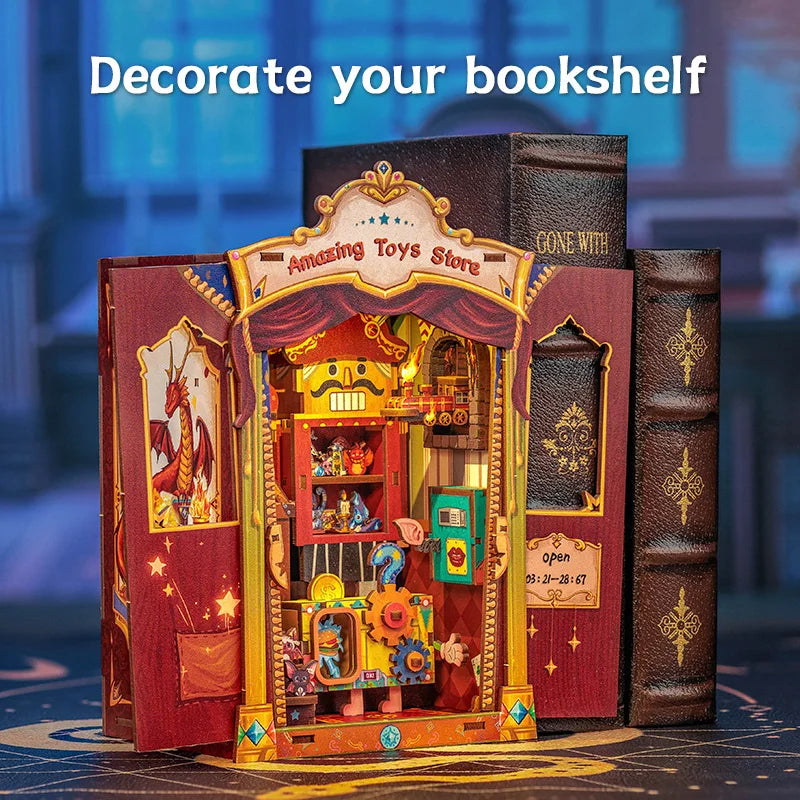 CUTEBEE Booknook DIY Miniature House with Light Wooden Bookshelf Insert Amazing Toys Store Book Nook Decor for Gifts 3D Puzzle