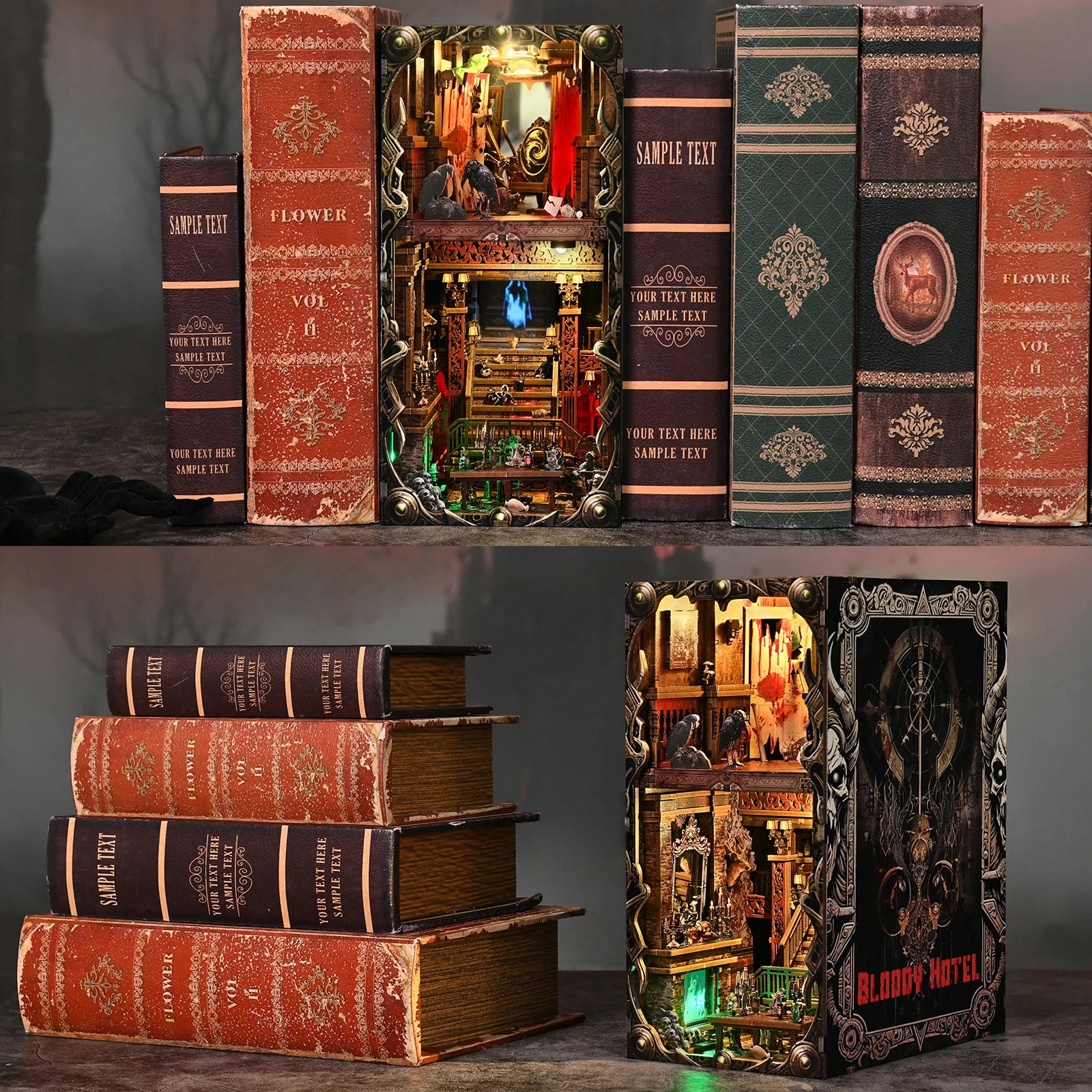 Book Nook Kit Haunted Hotel Halloween 3D DIY Wooden Puzzle Handmade Bookshelf Dollhouse Model Bookend Building Home Decoration