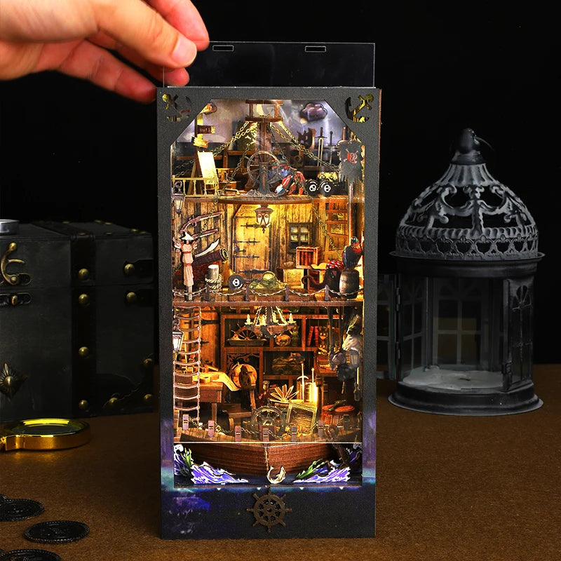 Retro DIY Wooden Book Nook Shelf Insert Kits Miniatures Magical Pirate Ship Bookcase Home Bookshelf Decor Adult Handmade Gifts