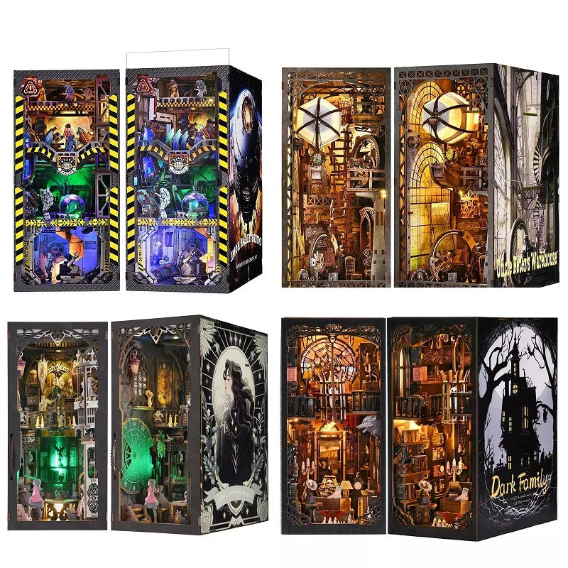 Book Nook Kit DIY Miniature House Wooden Book Shelf Insert Model Dollhouses With Light 3D Puzzle Building Toys For Kids Gifts