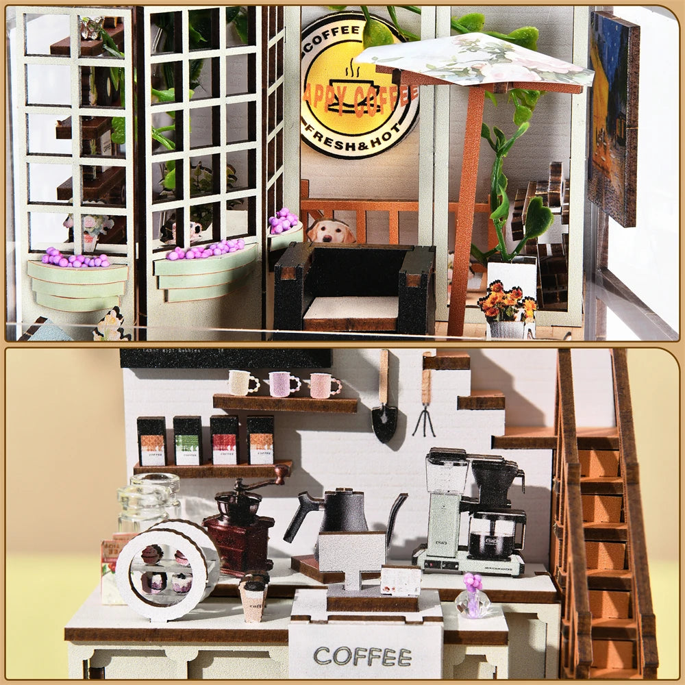 Book Nook Kit Coffee Shop Sunlight Room Dollhouse Booknook 3D Wooden Puzzle Miniature Doll House For Bookshelf Insert Furniture