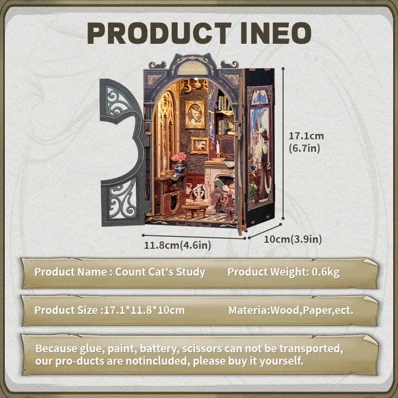 CUTEBEE Booknook Kit DIY Doll House with LED Light Bookshelf Insert Birthday Party Gifts For Count Cat Study