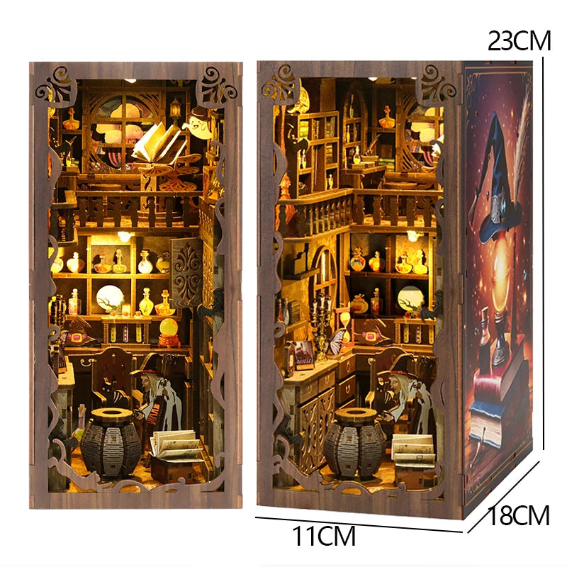 3D Wooden Book Stand Puzzle,DIY Book Nook Kits,Dollhouse Wood Bookends Book Nook Model Building Kit with LED ,Gift for Adults