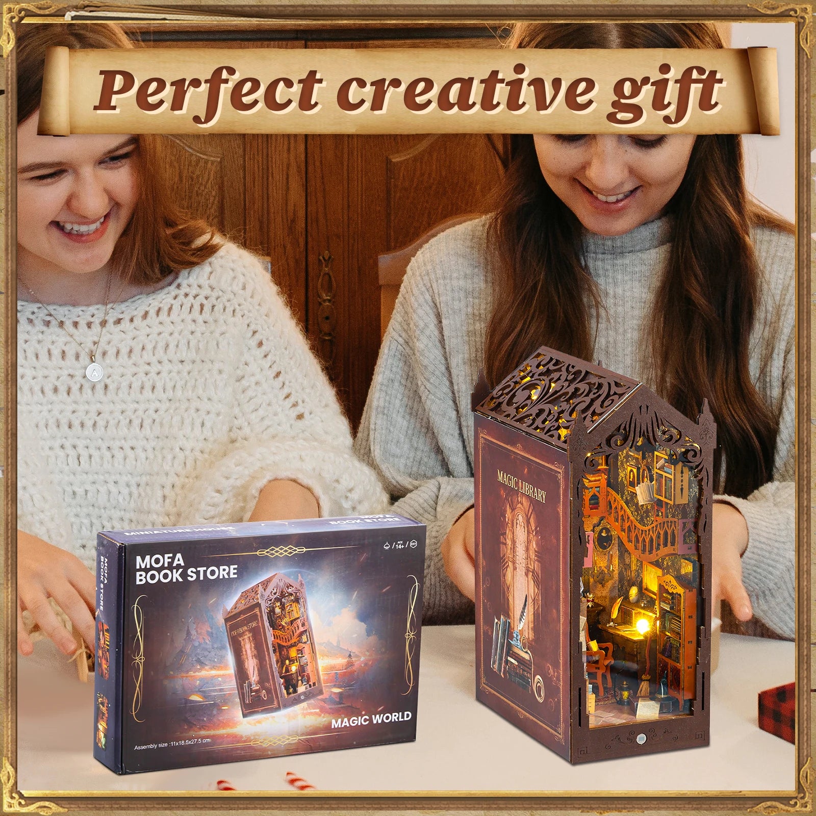 DIY Book Nook Kit Miniature Wooden Dollhouse with Light Bookshelf Insert Decoration Model Magic Library Bookend Birthday Gifts