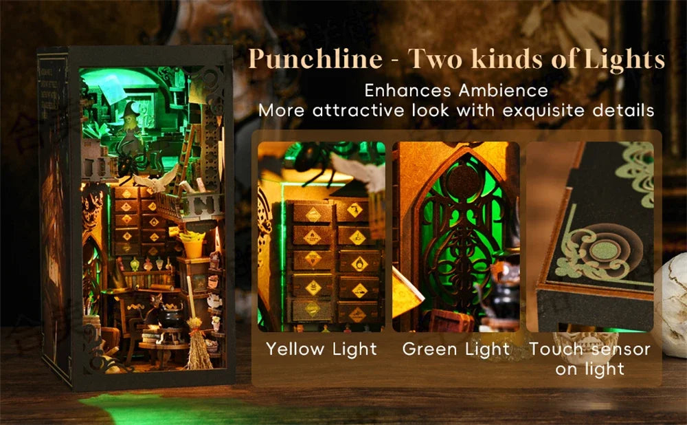 Book Nook Kit,DIY Miniature Dollhouse Booknook Kit,3D Wooden Puzzle Bookend Bookshelf Insert Decor LED Light for Teens Adults