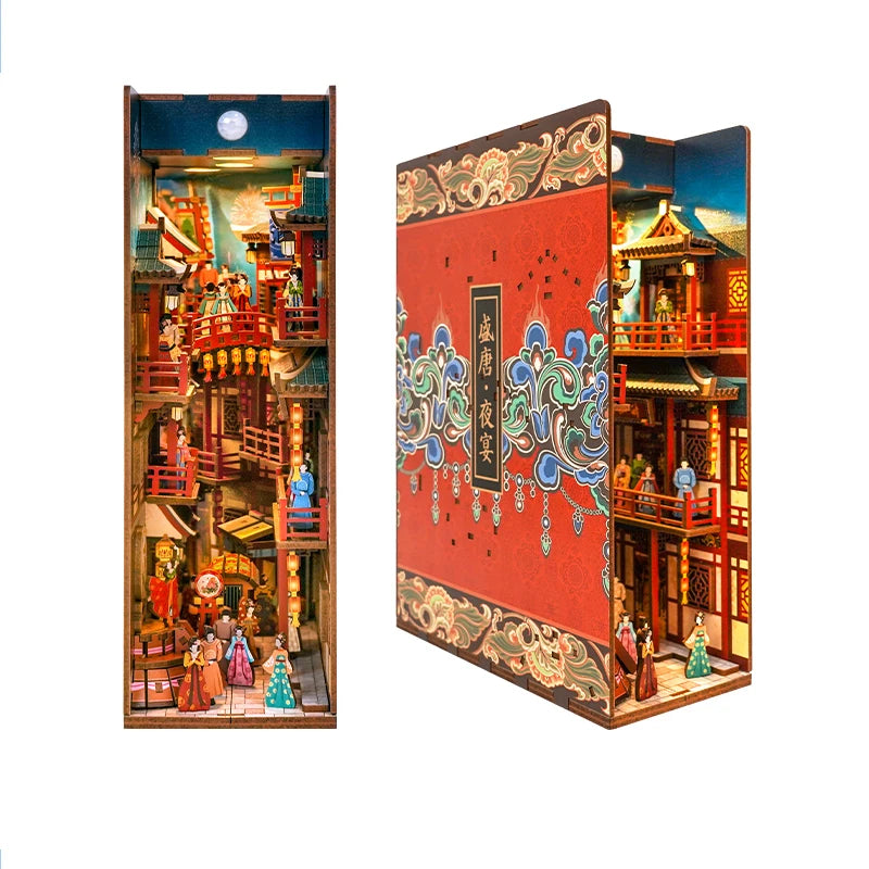 DIY Book Nook Kit for Adults Wooden 3D Puzzle Bookend Bookshelf Insert Decor Booknook Miniature House Kit With Dust Cover LED