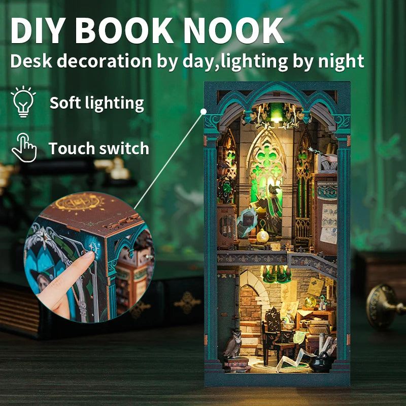 CUTEBEE Book Nook Bookshelf Insert Miniature Dollhouse 3D Wood Puzzle for Bedroom Bookend Decor with LED Night Light Book House