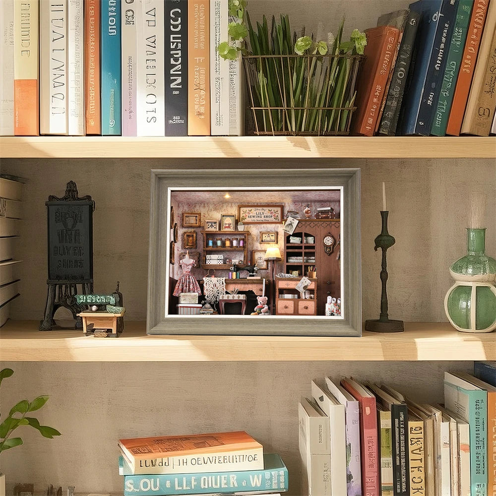 Book Nook Kit Tailor's Shop DIY 3D Wooden Puzzle Dollhouse Photo frame ornament Model Bookend Building Home Decoration