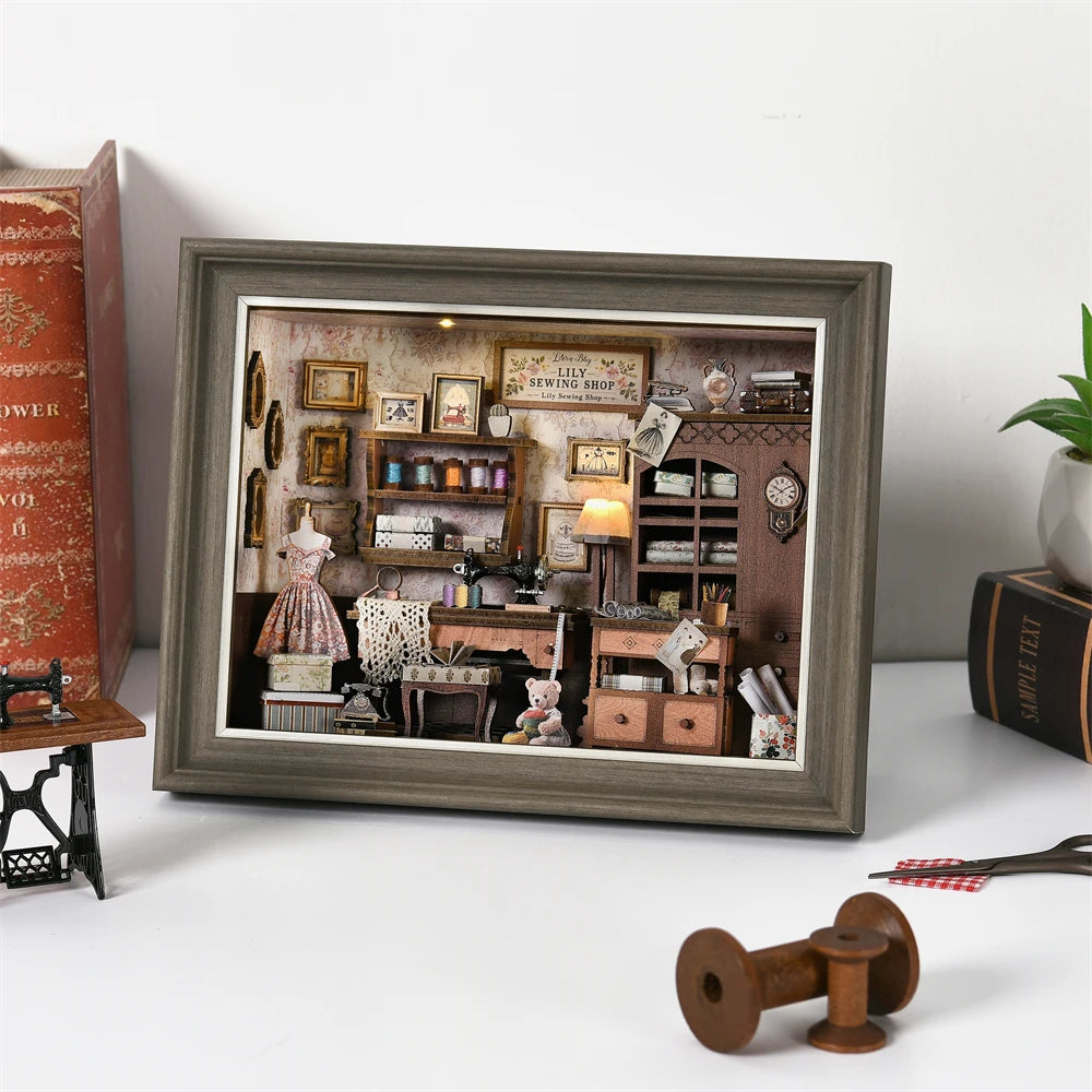 Book Nook Kit Tailor's Shop DIY 3D Wooden Puzzle Dollhouse Photo frame ornament Model Bookend Building Home Decoration