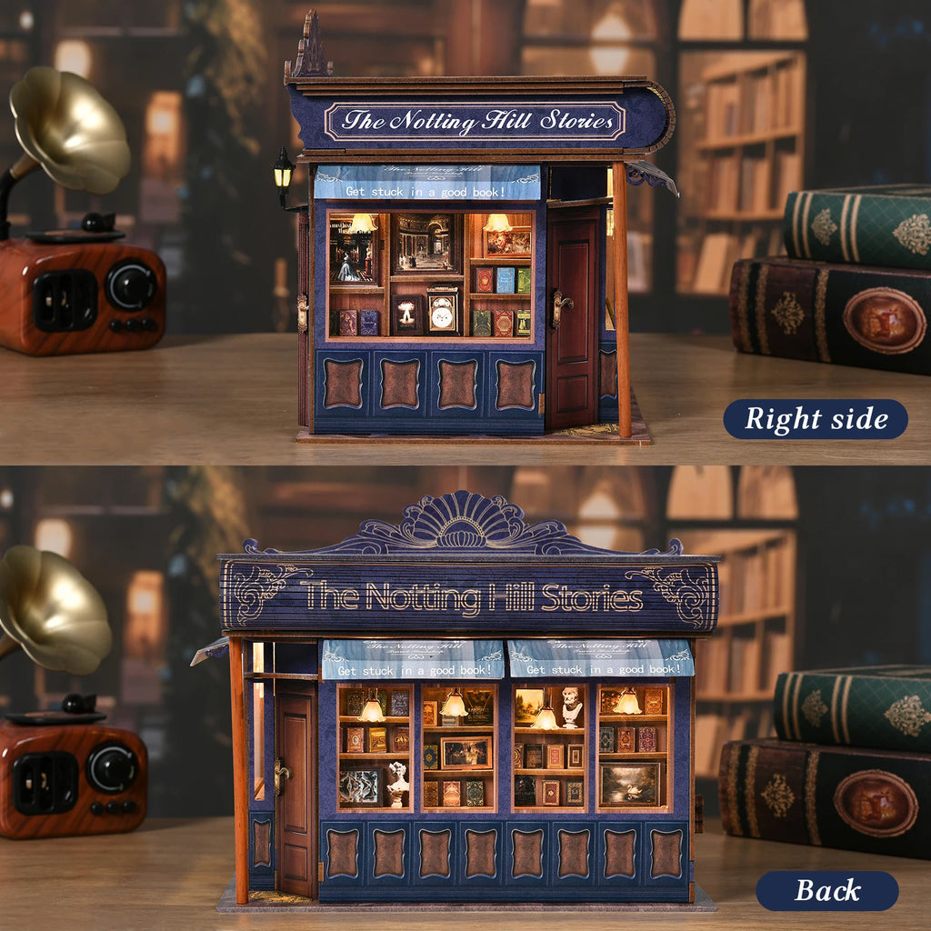 DIY Book Nook Kit Notting Hill Bookstore Wooden  Bookshop Dollhouse with Light Bookshelf Insert 3D Puzzle Decor for Gift