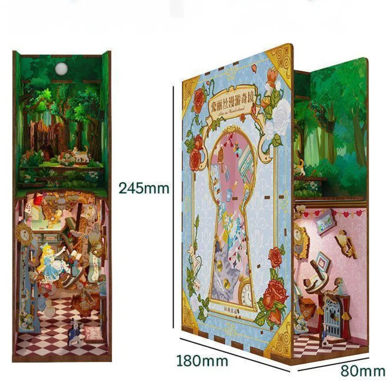 DIY Wooden Book Nook Alice In Wonderland Shelf Insert Booknook Kit Microlandscape Desktop Bookshelf Ornaments Assembly Bookend
