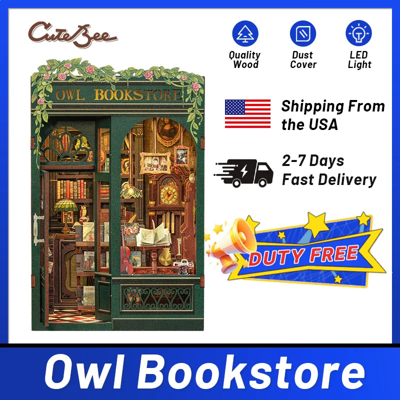 CUTEBEE DIY Book Nook Kit Miniature Wooden Dollhouse with Lights Bookshelf Insert 3D Puzzle Decor Model for Gifts Owl Bookstore