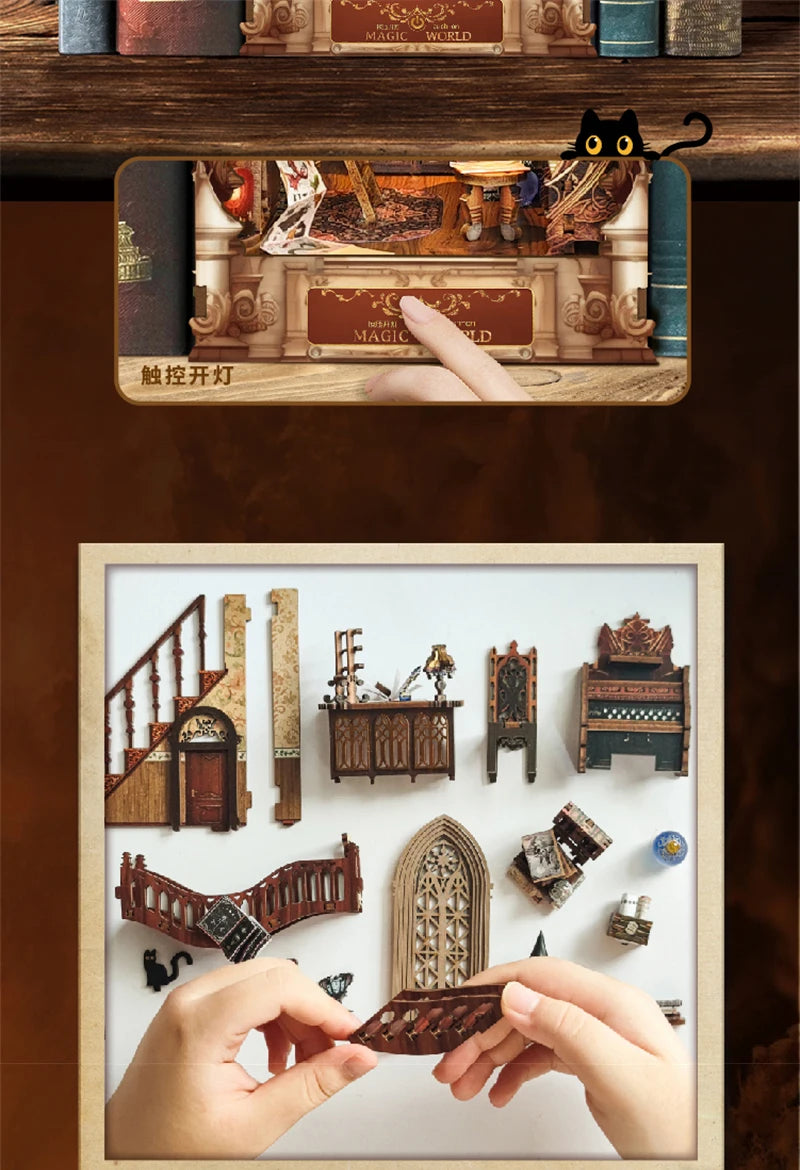 DIY Wooden Book Nook Shelf Insert Kit Miniature Building Kits Magic Night Alley Bookshelf with LED Lights Bookends Friends Gifts