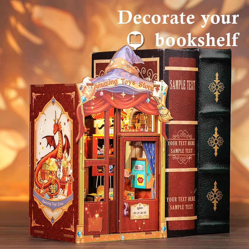 CUTEBEE DIY Book Nook Kit Miniature Wooden Dollhouse with Led Light Bookshelf Insert Booknook Home Decor for Amazing Toys Store