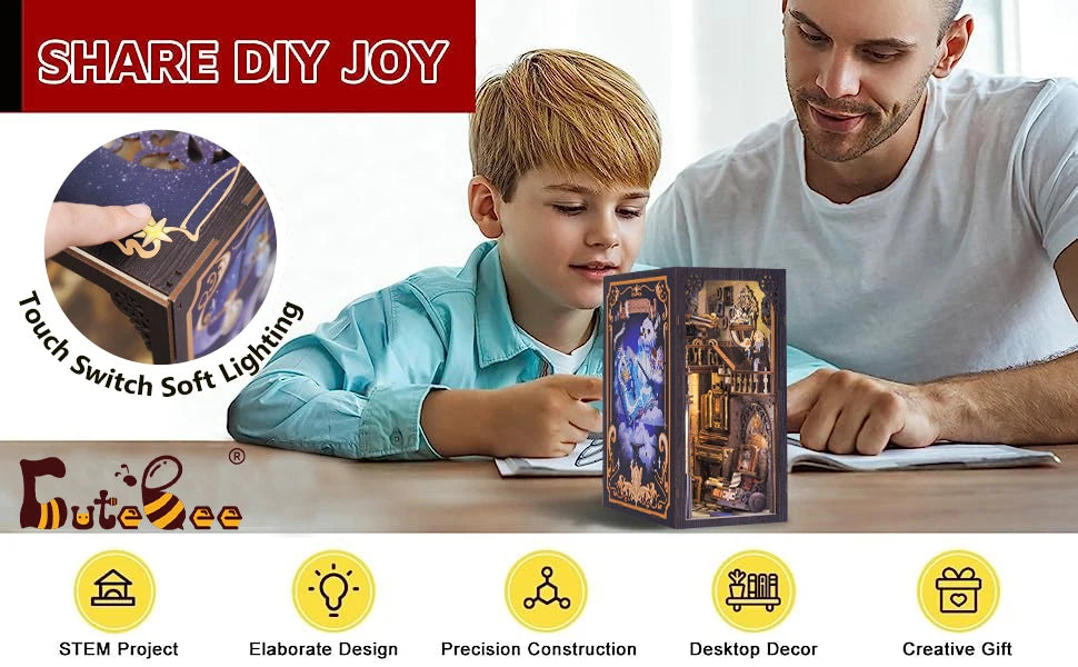 Cutebee DIY Book Nook Kit 3D Wooden Dollhouse Bookshelf Insert Decor Alley Miniature House with Dustproof LED Light Booknook