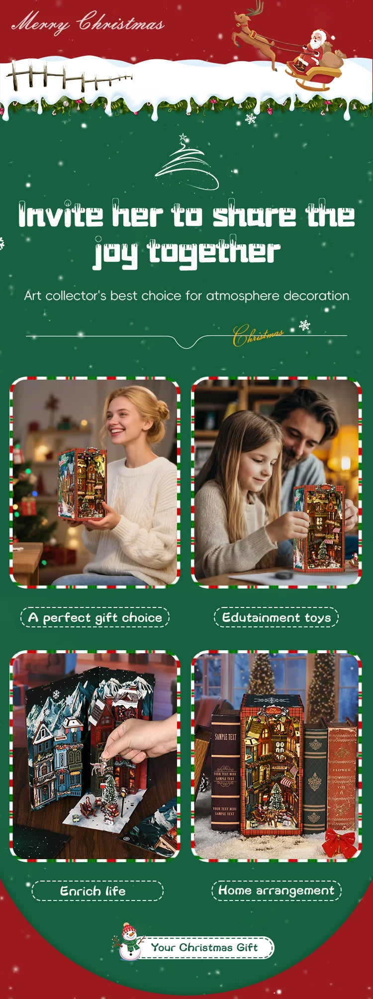 NEW DIY Book Nook Wooden Miniature Model Kits Christmas Street Corner Bookend 3D Puzzle with Light Bookshelf for Friends Gifts