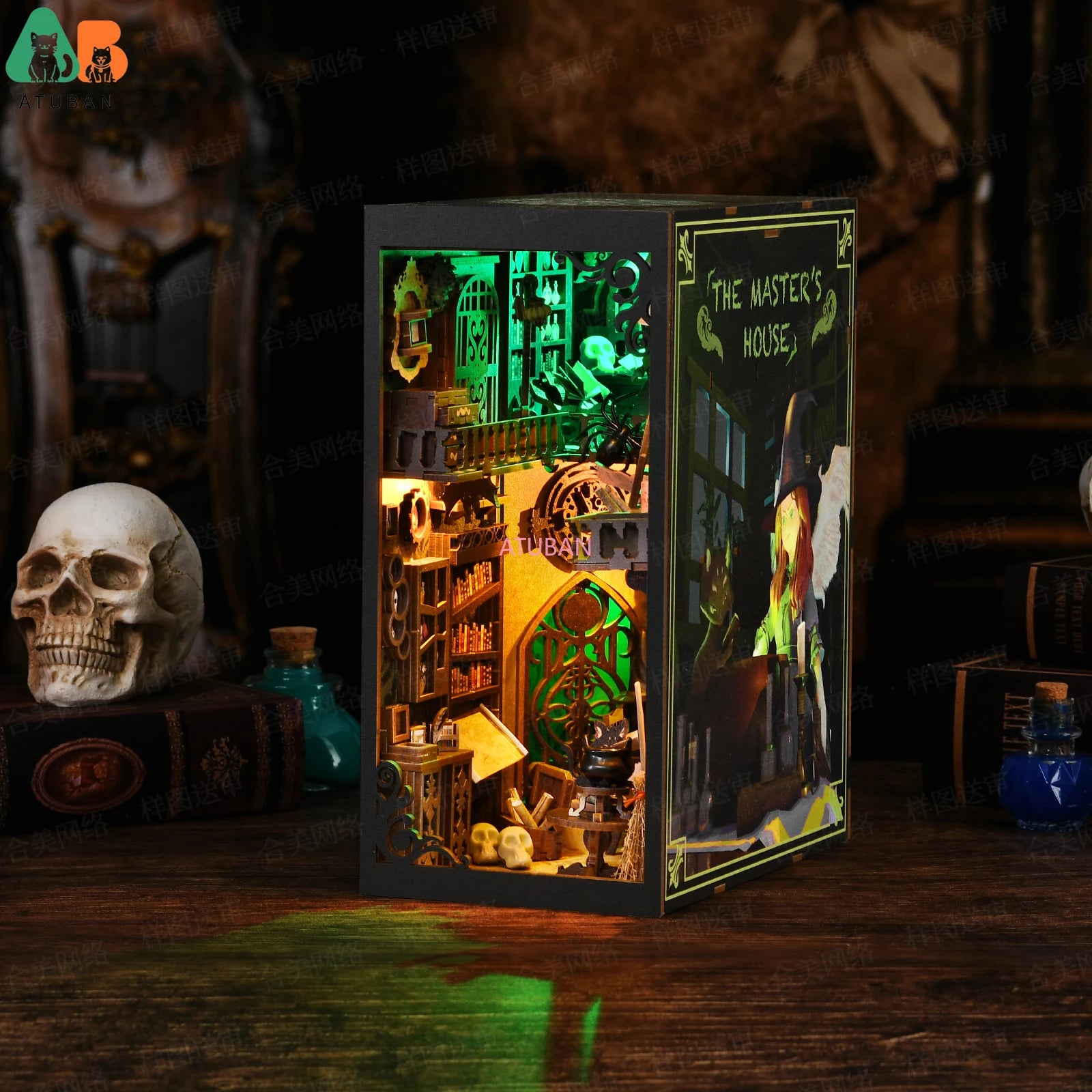 Book Nook Kit,DIY Miniature Dollhouse Booknook Kit,3D Wooden Puzzle Bookend Bookshelf Insert Decor LED Light for Teens Adults