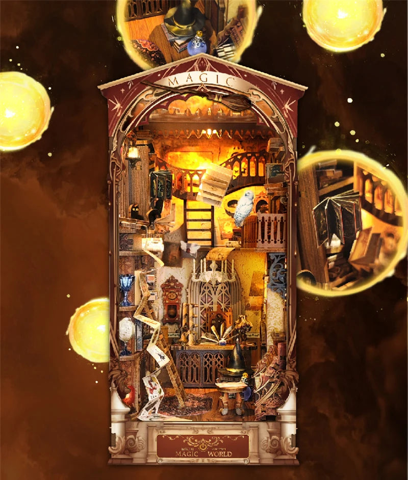 DIY Wooden Book Nook Shelf Insert Kit Miniature Building Kits Magic Night Alley Bookshelf with LED Lights Bookends Friends Gifts