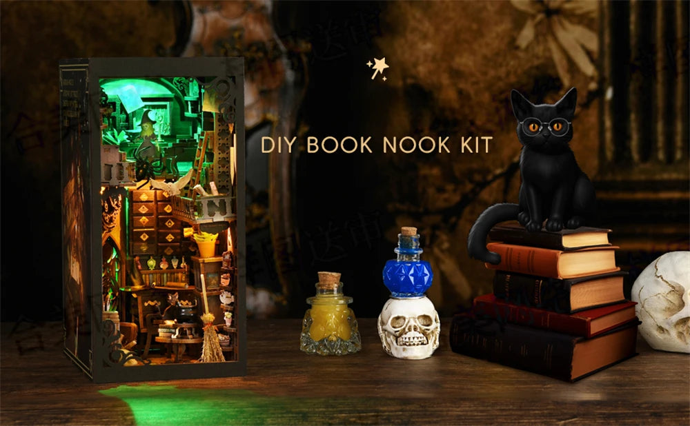 Book Nook Kit,DIY Miniature Dollhouse Booknook Kit,3D Wooden Puzzle Bookend Bookshelf Insert Decor LED Light for Teens Adults