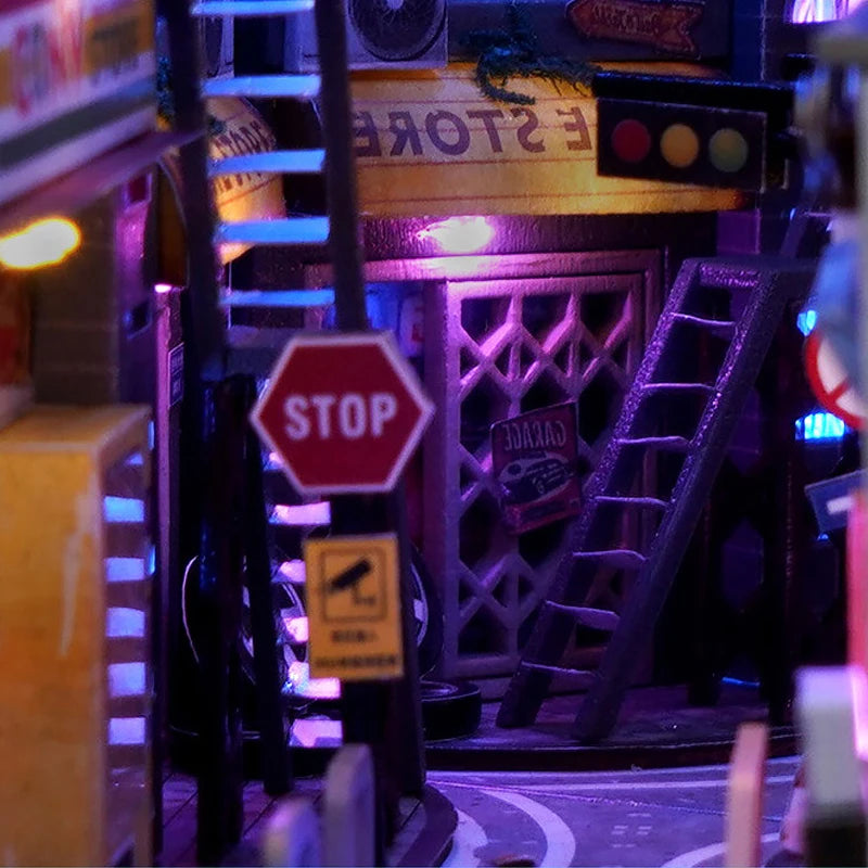 DIY Book Nook Kit Bookend Kit Wooden Doll House Bookshelf Insert Decor With Warm Light 3D Puzzle Assembly Building Model Gifts