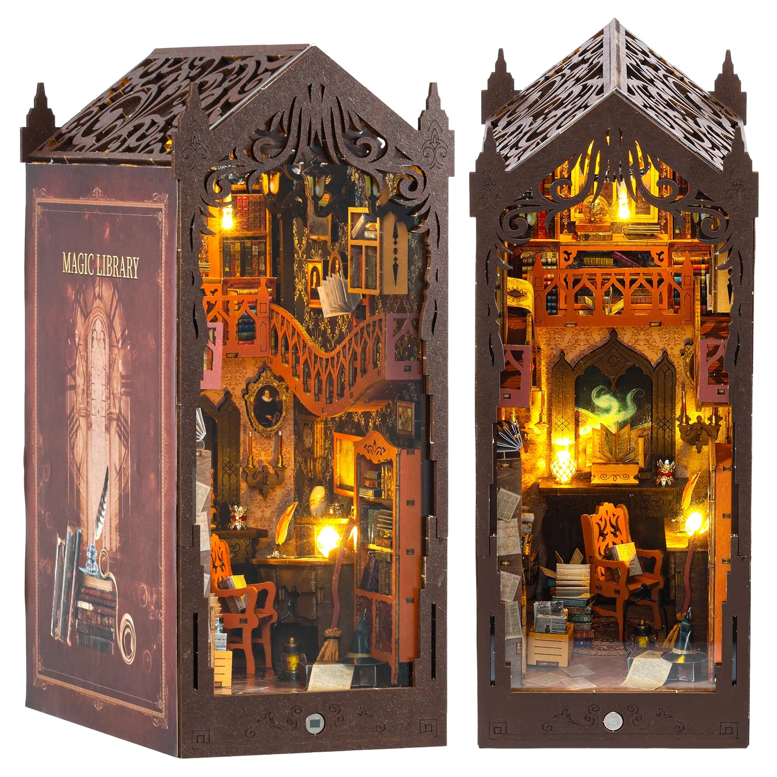 DIY Book Nook Kit Miniature Wooden Dollhouse with Light Bookshelf Insert Decoration Model Magic Library Bookend Birthday Gifts