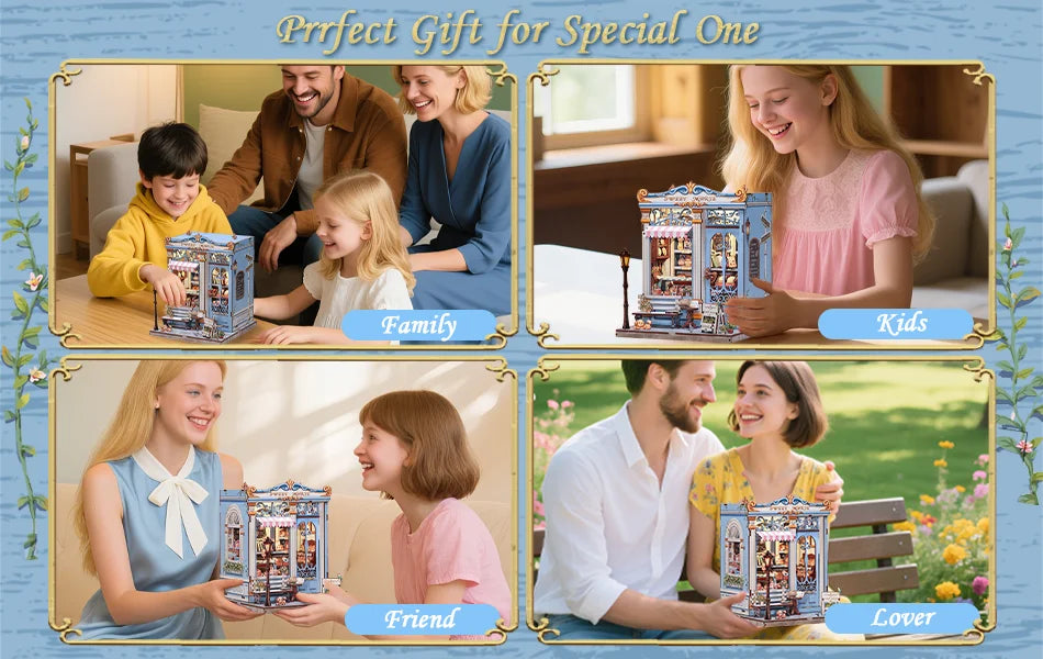 CUTEBEE Book Nook Kit DIY Doll House with LED Light Bookshelf Insert Sweet Marie Miniature Model For Birthday Family Gift