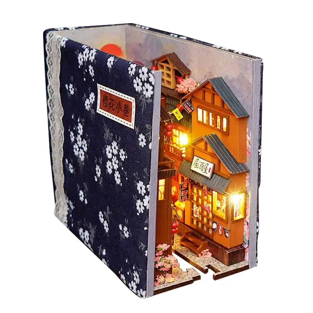 DIY Creative Book Nook Kit Decorative Japanese Style Bookend Insert Bookcase Book Stand Miniature House with LED Light Gift