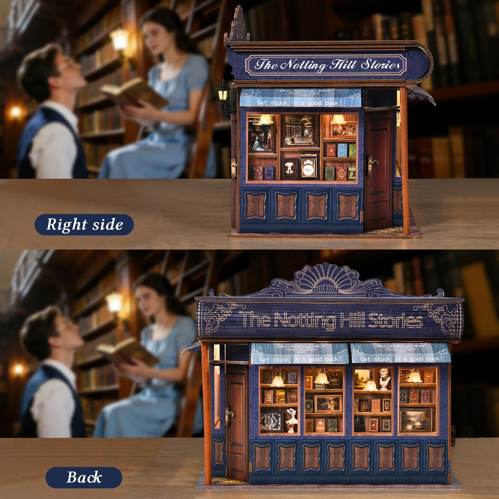 DIY Book Nook Kit Notting Hill Bookstore Wooden  Bookshop Dollhouse with Light Bookshelf Insert 3D Puzzle Decor for Gift