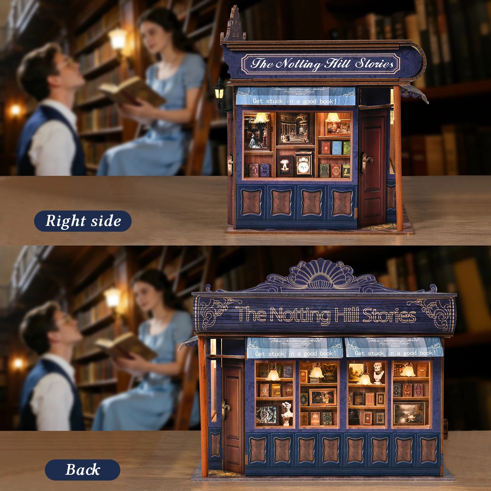 DIY Book Nook Kit Notting Hill Bookstore Wooden  Bookshop Dollhouse with Light Bookshelf Insert 3D Puzzle Decor for Gift