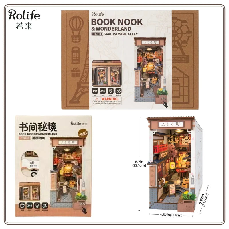 Original Rolife Sakura Wine Alley Japanese Style Design Book Nooks Kit for Family Home Bookshelf Decoration 3D DIY Wooden Puzzle