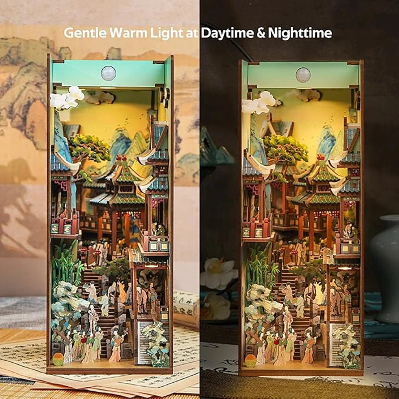 DIY Book Nook Kit for Adults Wooden 3D Puzzle Bookend Bookshelf Insert Decor Booknook Miniature House Kit With Dust Cover LED