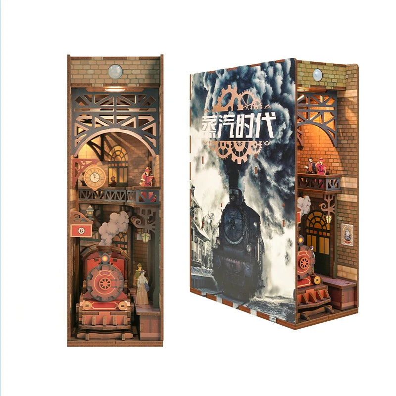 DIY Book Nook Kit for Adults Wooden 3D Puzzle Bookend Bookshelf Insert Decor Booknook Miniature House Kit With Dust Cover LED