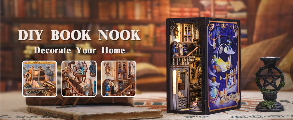 CUTEBEE Book Nook Miniature Doll House Kit With Touch Light Dust Cover Booknook Toys For Birthday Gifts Magic Nebula Common Room