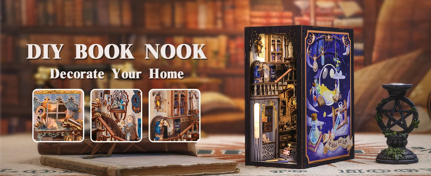 CUTEBEE Book Nook Miniature Doll House Kit With Touch Light Dust Cover Booknook Toys For Birthday Gifts Magic Nebula Common Room