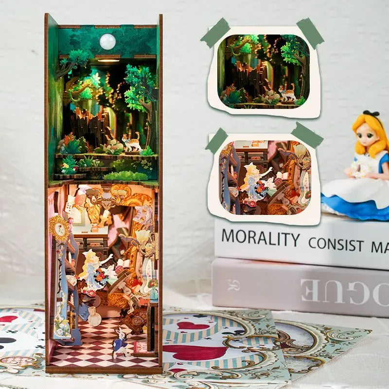 DIY Wooden Book Nook Alice In Wonderland Shelf Insert Booknook Kit Microlandscape Desktop Bookshelf Ornaments Assembly Bookend