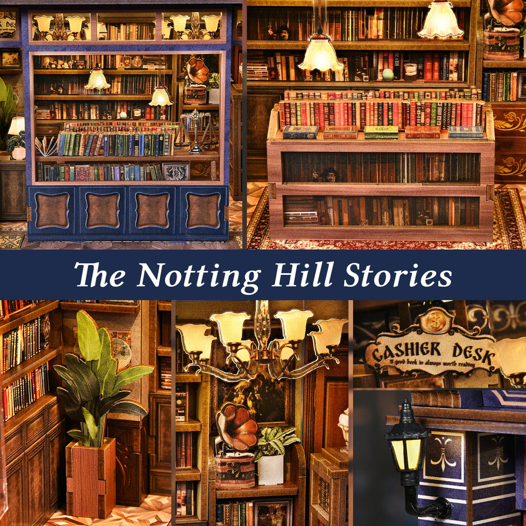 DIY Book Nook Kit Notting Hill Bookstore Wooden  Bookshop Dollhouse with Light Bookshelf Insert 3D Puzzle Decor for Gift