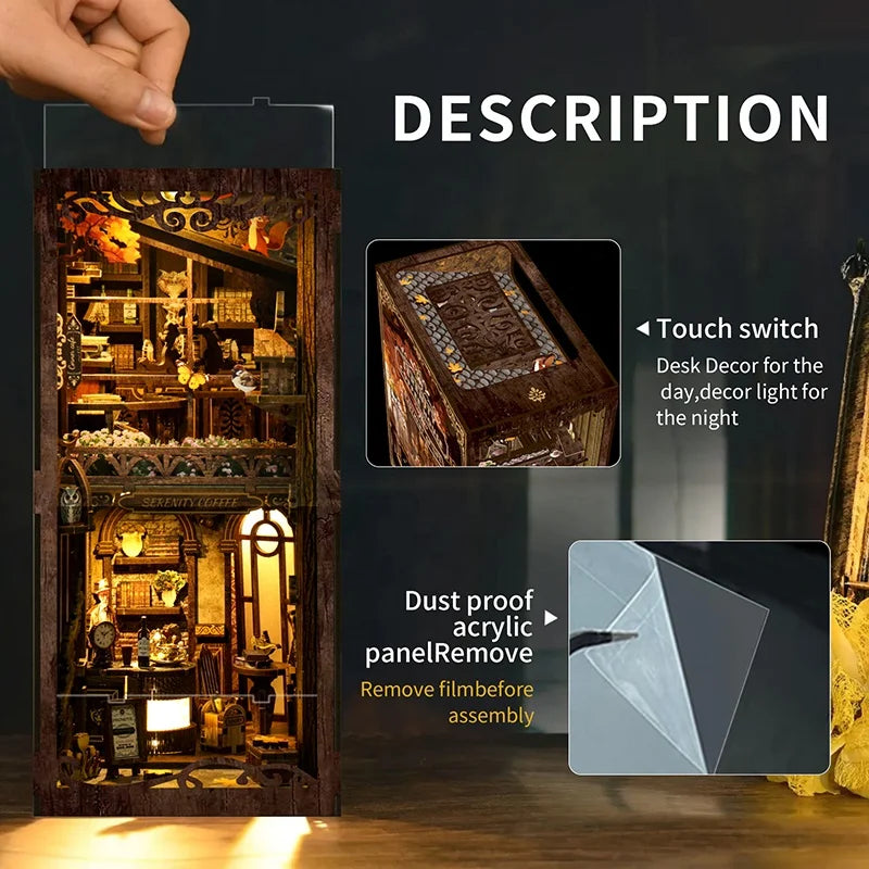 DIY Book Nook Shelf Insert Kits Wooden Miniature Model Kit Cyberrpunk Bookend Assembled Bookshelf Home Decor Christmas Gifts