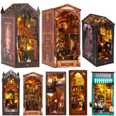 DIY Book Nook Kit Miniature Wooden Dollhouse with Light Bookshelf Insert Decoration Model Magic Library Bookend Birthday Gifts