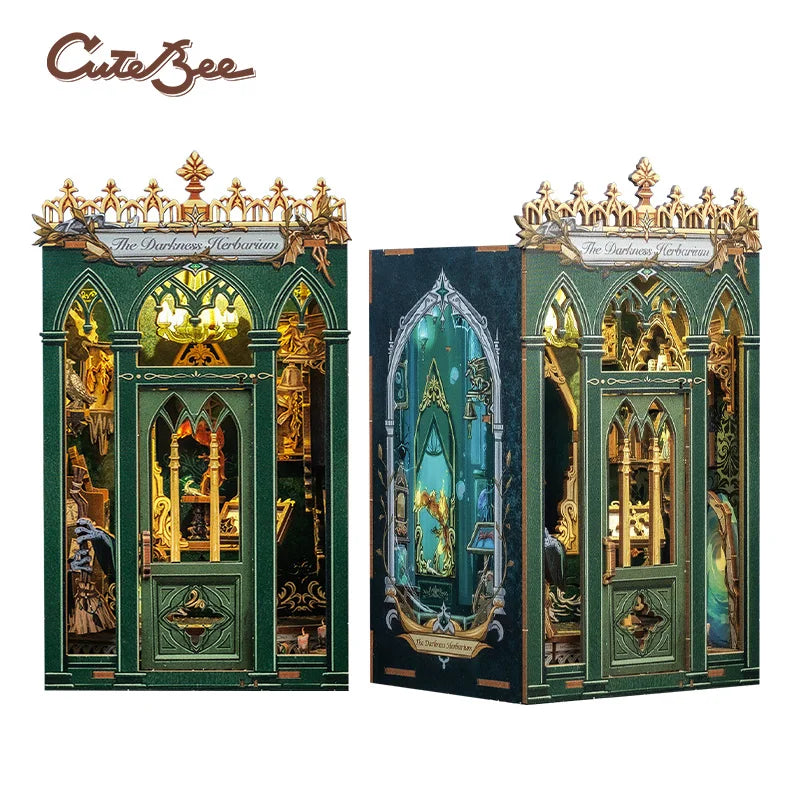 CUTEBEE Book Nook Kit 3D Miniature House Led Light Bookshelf Insert Booknook The Darkness Herbarium for Home Decoration
