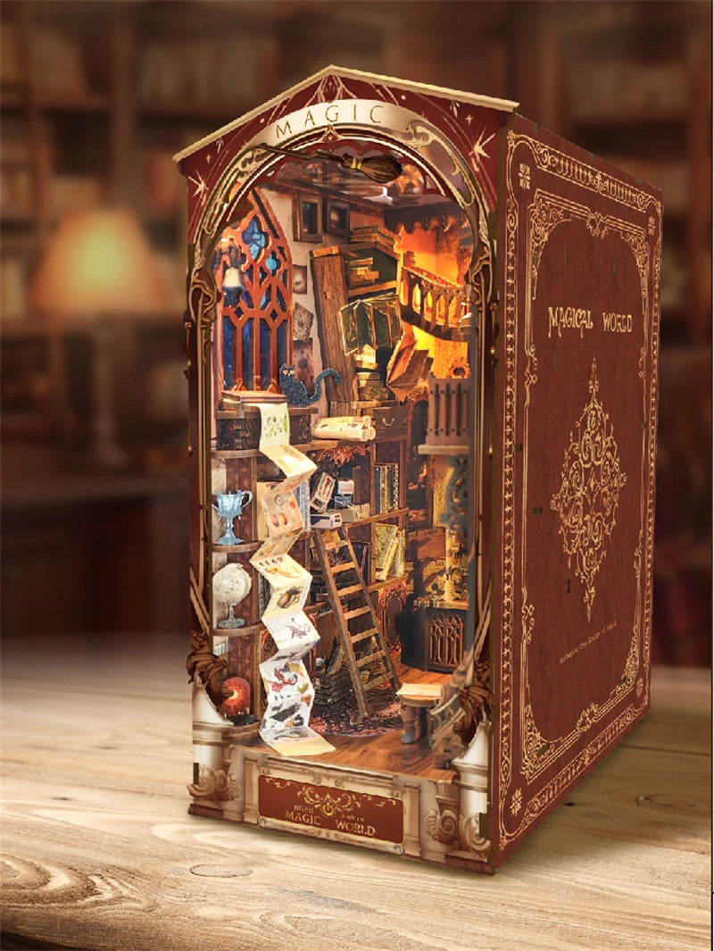 DIY Wooden Book Nook Shelf Insert Kit Miniature Building Kits Magic Night Alley Bookshelf with LED Lights Bookends Friends Gifts